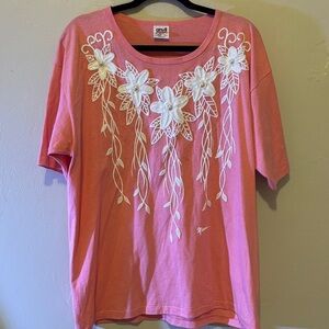 Anvil Pink Long Sleeve Top with White Floral Embroidery